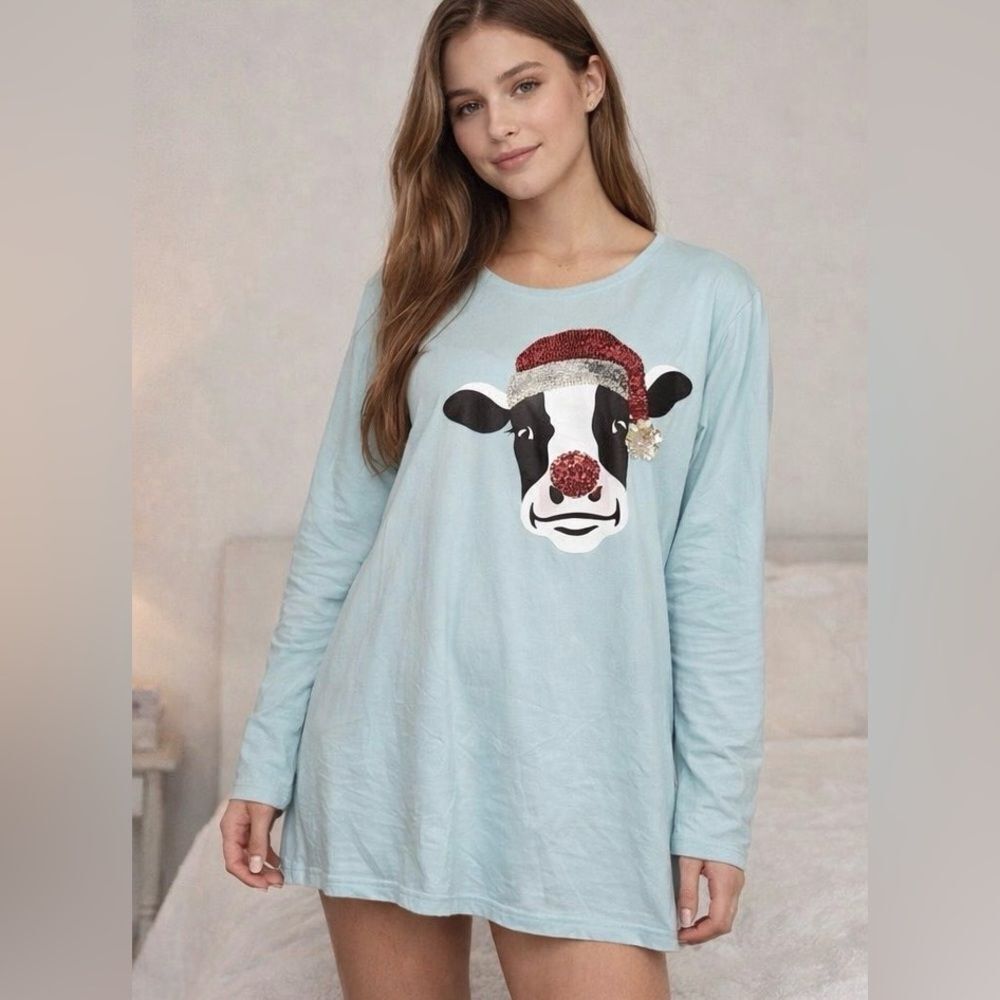 Lands’ End Christmas Cow Sleep Shirt Nightgown Long Sleeve Blue Holiday Pajamas